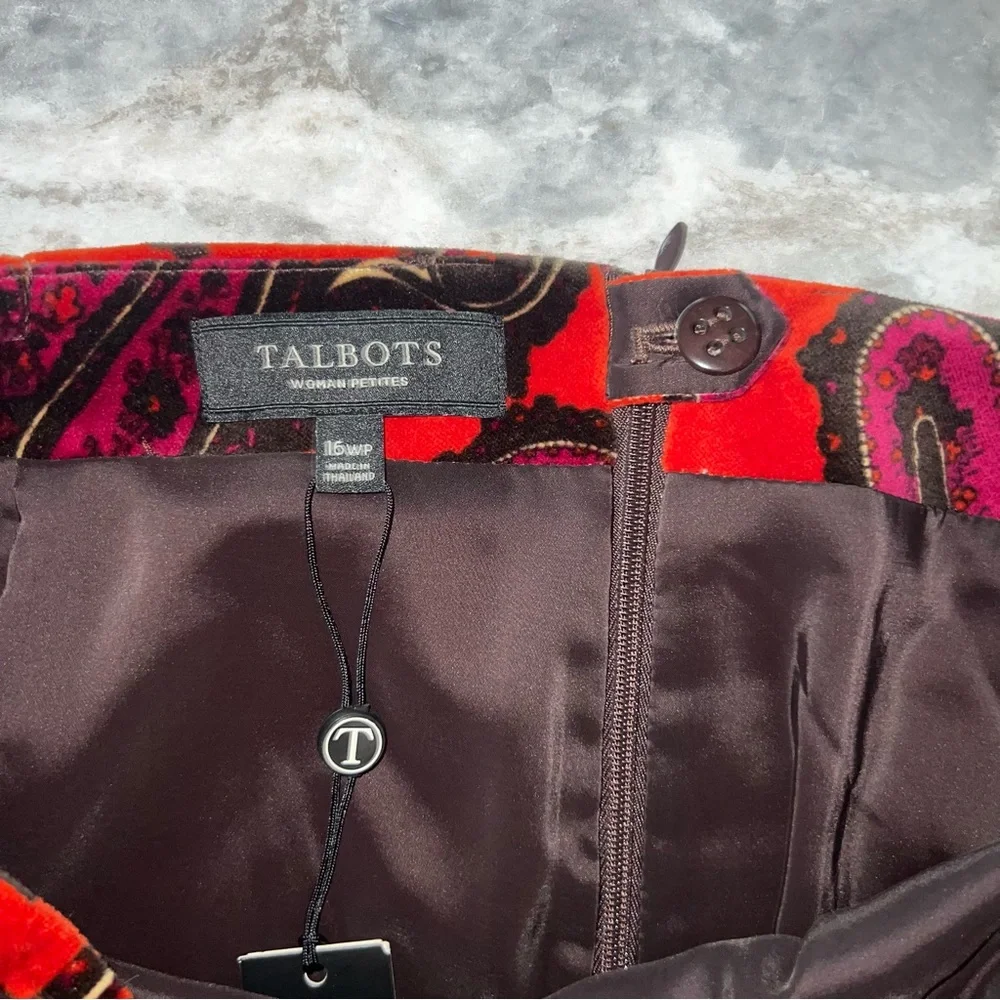 Talbots Velvet Pencil Skirt Size 16WP Red Orange Paisley Print Straight Lined